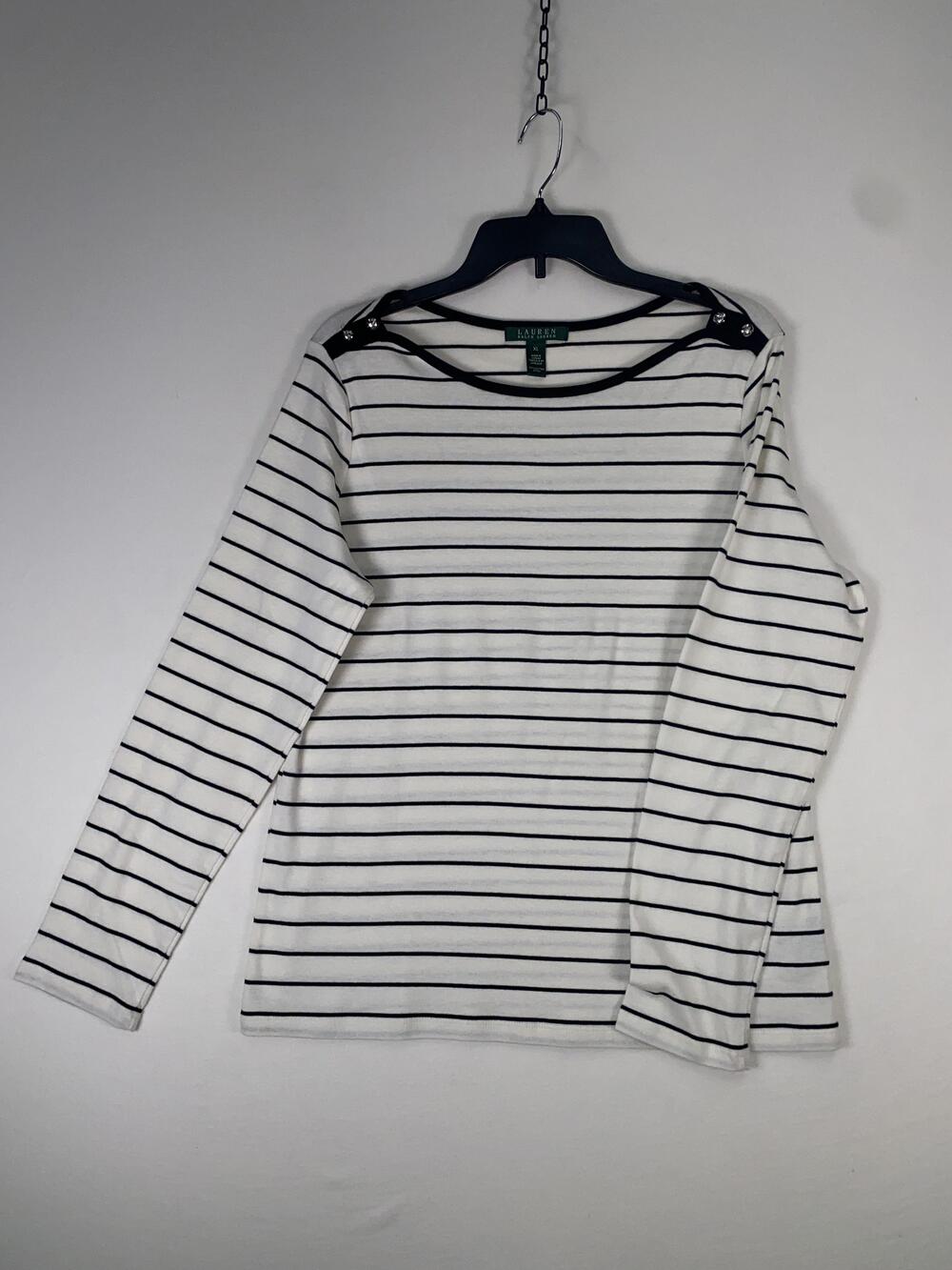 Lauren Ralph Lauren T-shirt Womens XL White Stripe Button Shoulder Long Sleeve
